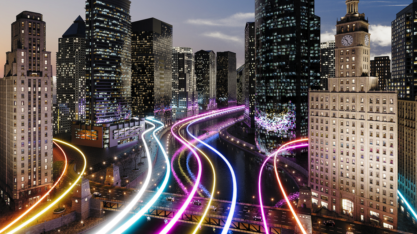 Futuristic city with vibrant light trails symbolising accelerated business velocity powered by V2 AI.